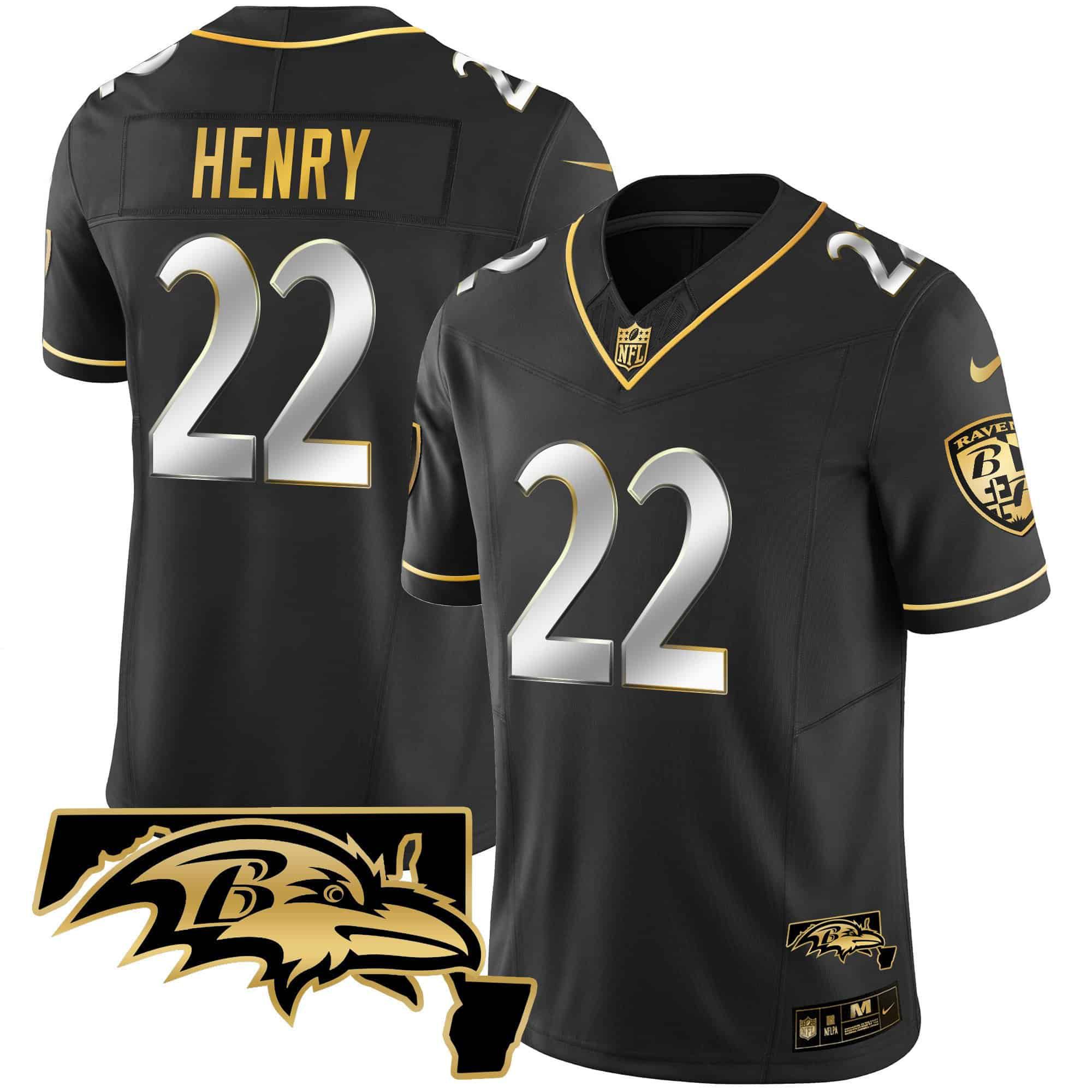 Men Baltimore Ravens #22 Henry Black Gold 2024 Nike Maryland Patch Vapor Limited NFL Jersey